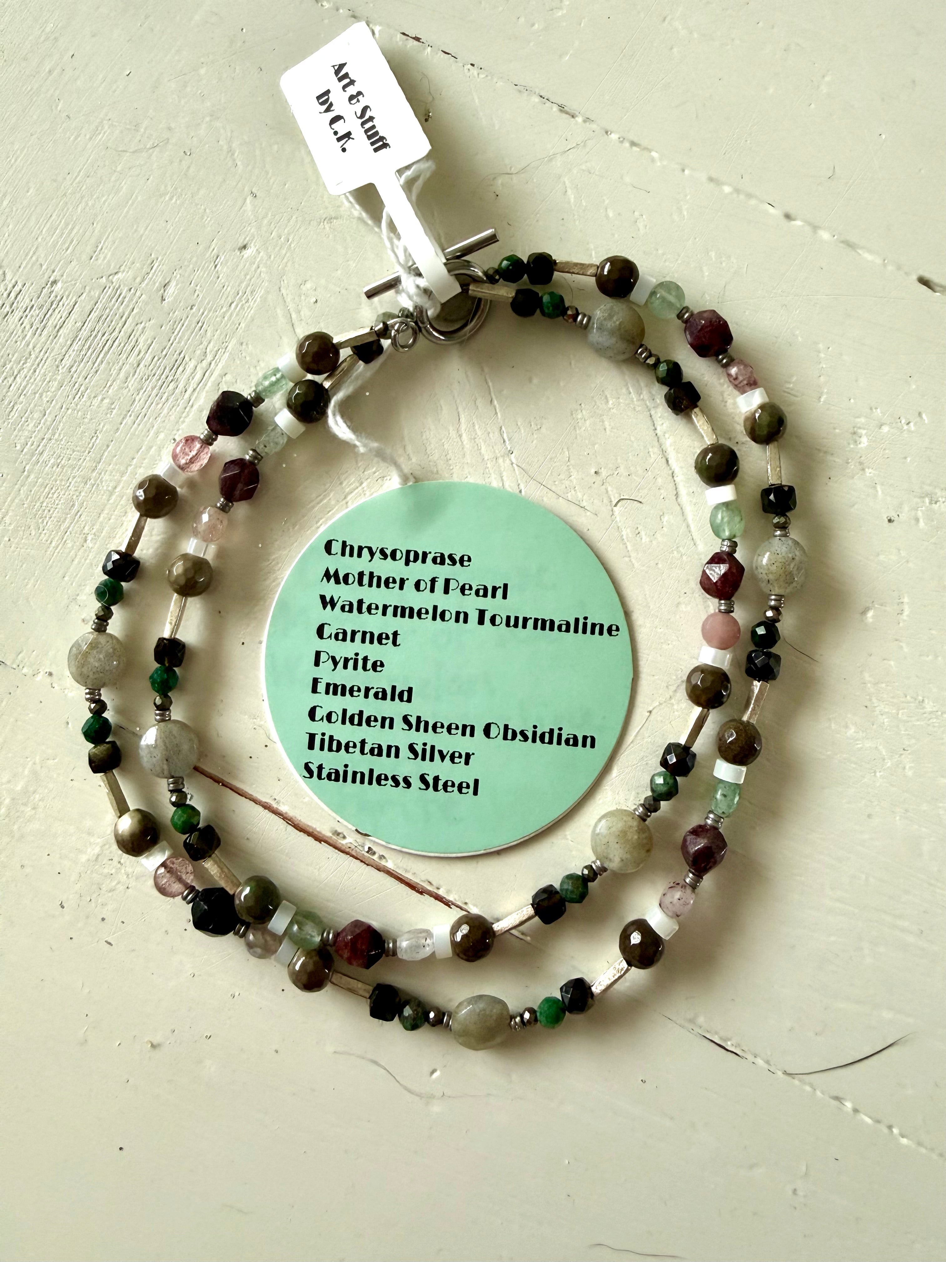 Chrysoprase & Watermelon Tourmaline Botanical Gemstone Necklace