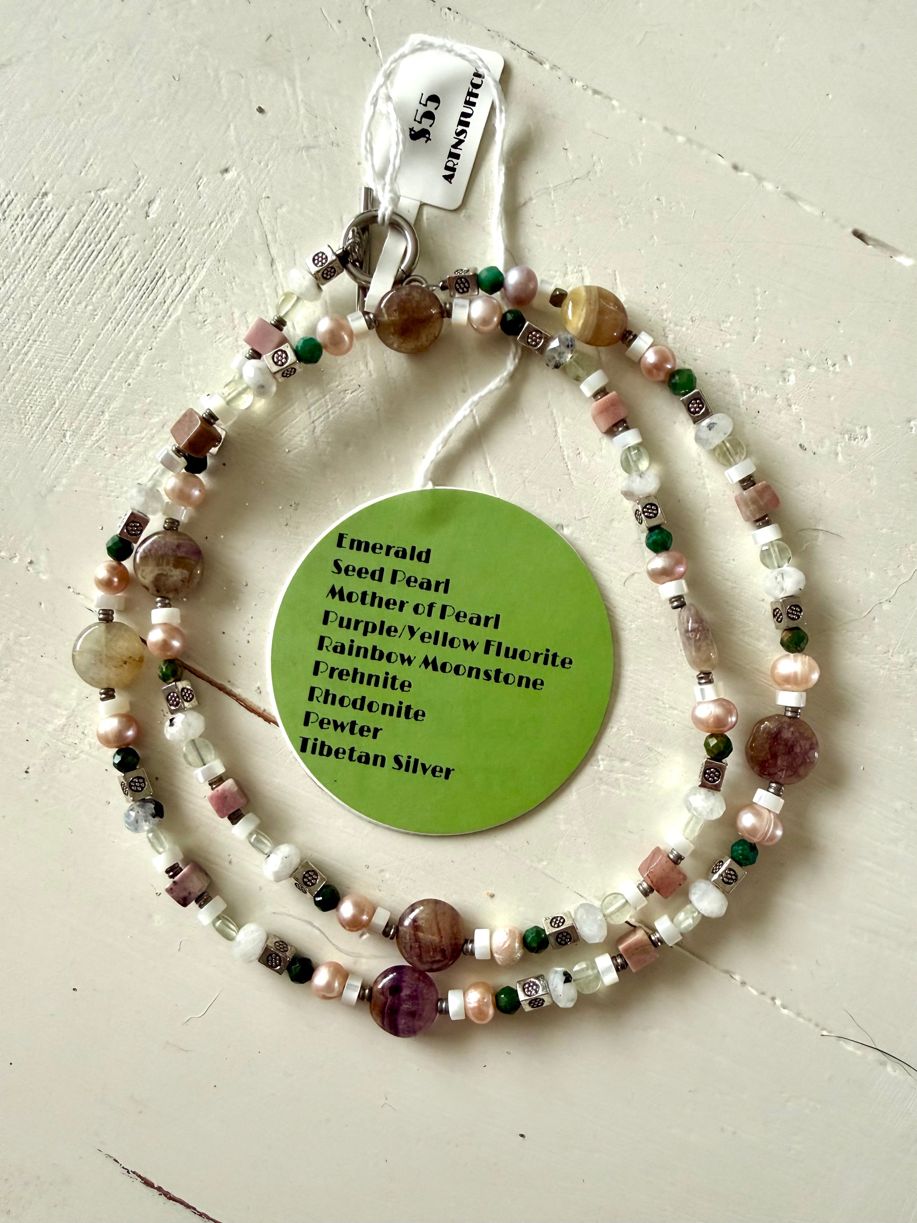 Emerald & Rainbow Moonstone Botanical Gemstone Necklace